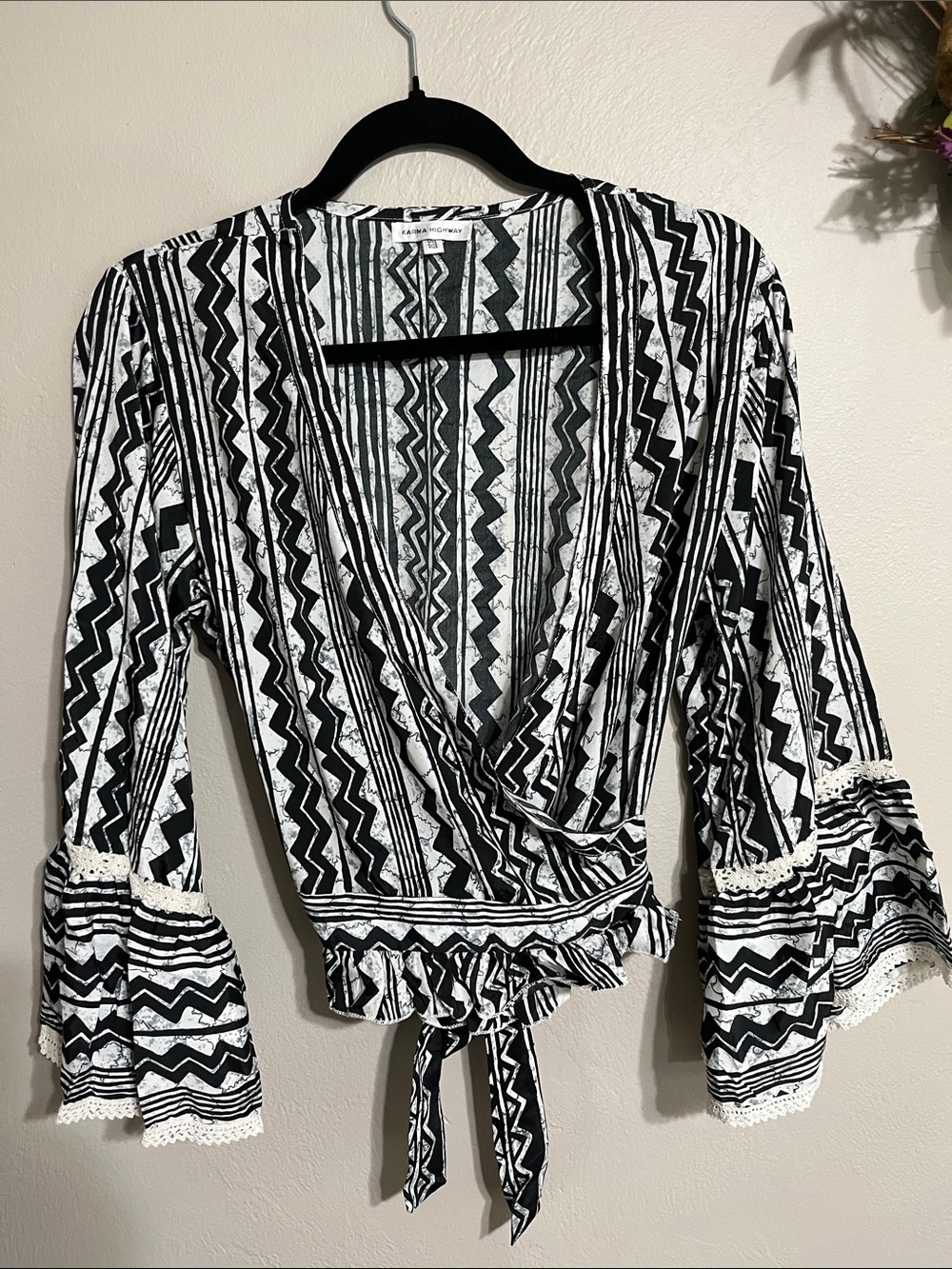 Women’s Black & White Geometric Wrap Blouse with Tie Waist